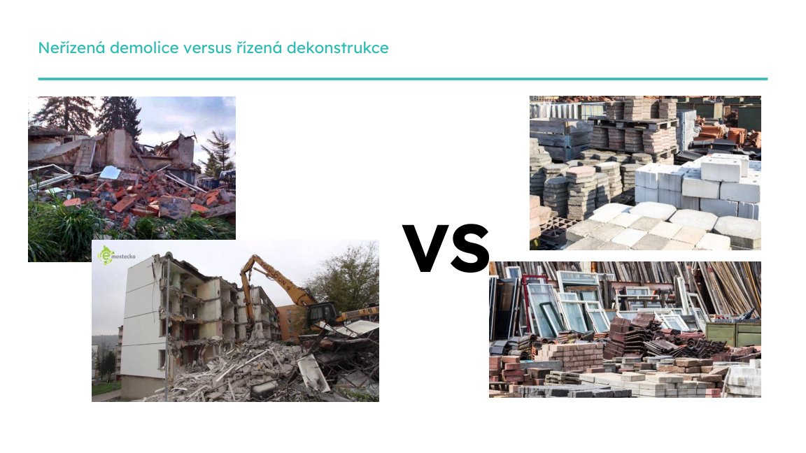 Slide z prezentace: neřízená demolice versus řízená dekonstrukce