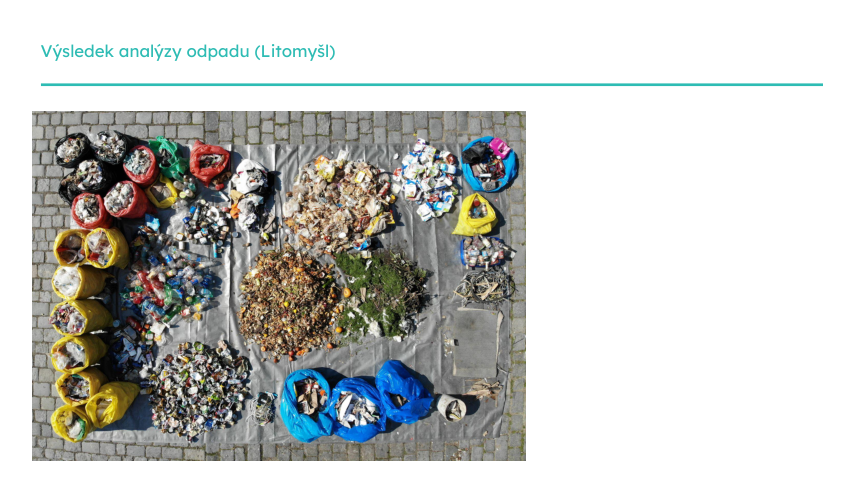 Fotografie rozloženého směsného komunálního odpadu po odpadové analýze v Litomyšli